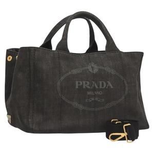 PRADA Canapa MM Hand Bag Denim 2way Black Gold Auth PP573V